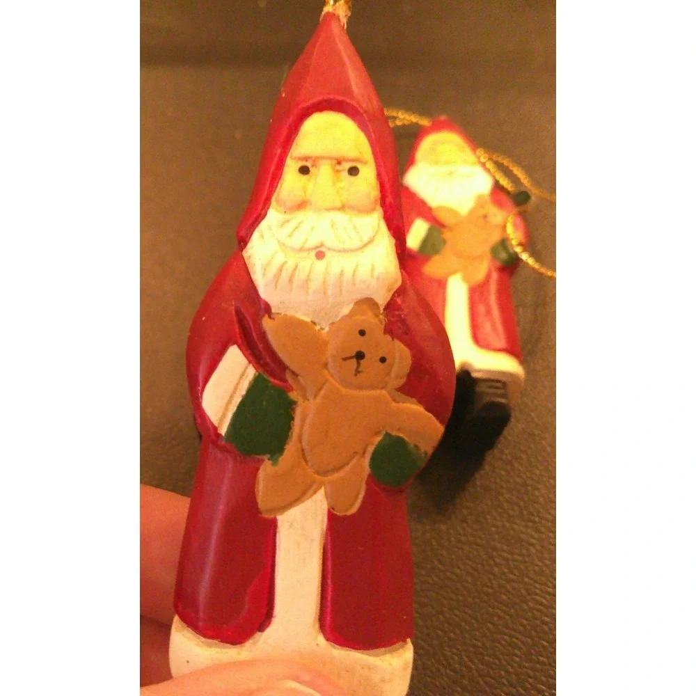 Santa Claus Teddy Bear Christmas Tree Holiday Ornaments Set Of 3 Wood‎